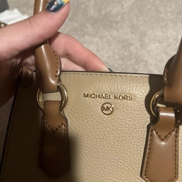 Michael Kors Kris Small Color-Block Pebbled Leather Satchel Cream Tan Beige - Picture 7 of 9